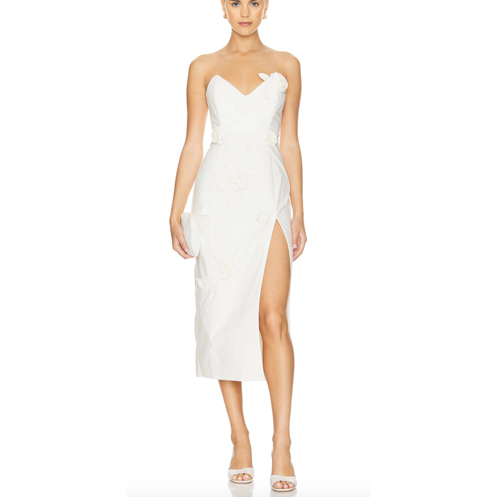 NBD White Bustier Midi Dress XXS Cocktail Rosette Wedding Bridal Slit $288 NEW
